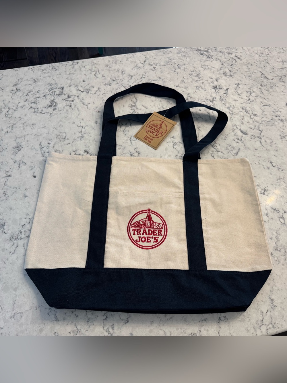 Trader Joe’s Reuseable Tote Bag. Navy Blue Handles. Brand New with Tags!